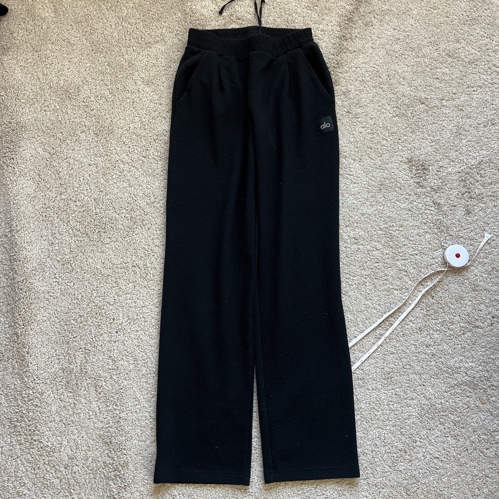 Alo Yoga Black High-waisted‎ Drawstring Textured Straight Leg Pants Size S